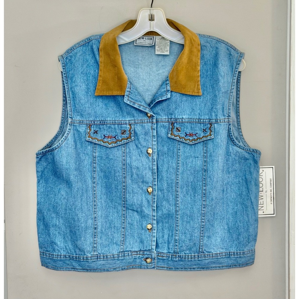 NOS NWT New Look Womens Vintage Denim Vest Aztec Embroidery Deadstock Large